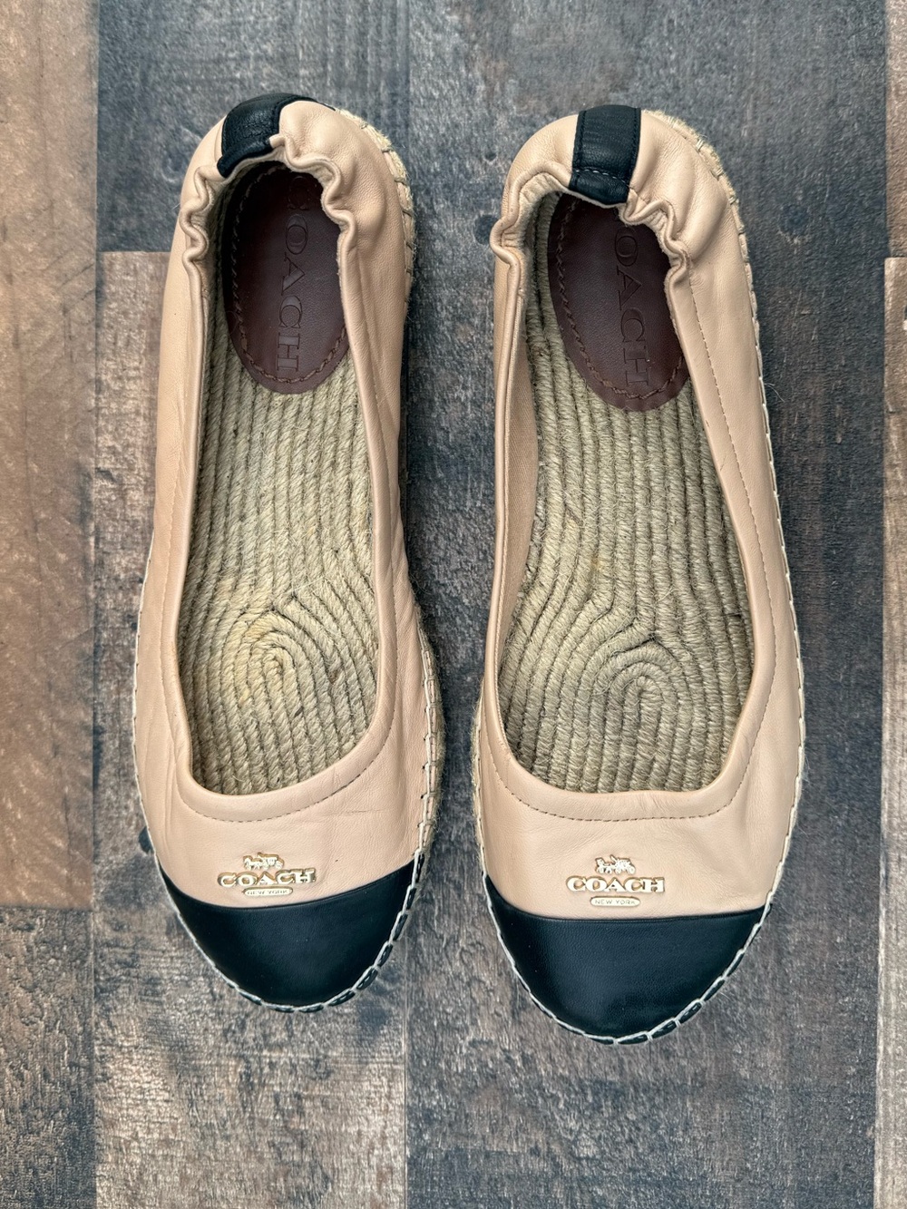 COACH Camryn Beige Black Leather Espadrille Slip On Loafers Size 7 - Picture 16 of 16